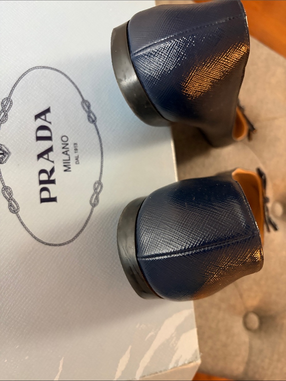 Prada Navy Textured Pointed Toe Bow Flats - Picture 3 of 5